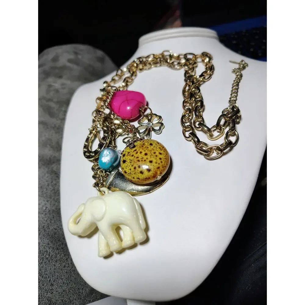 VCLM Gold Tone Charm Necklace Elephant Clover Horseshoe Boho Statement